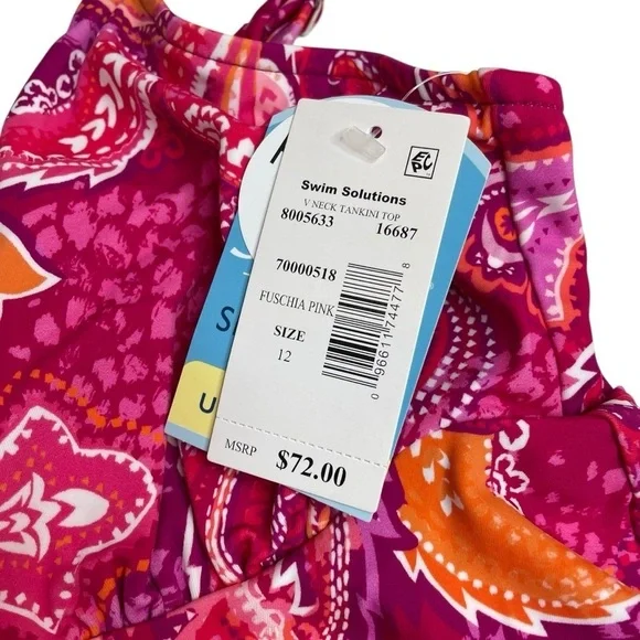 Swim Solutions Fuchsia Pink V-Neck Printed Underwire Tankini Swim Top 12 New - Picture 5 of 7